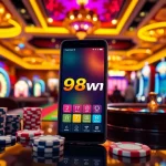 Players enjoying a vibrant casino atmosphere with app 98win showcased on a smartphone, featuring chips and roulette.