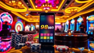 Players enjoying a vibrant casino atmosphere with app 98win showcased on a smartphone, featuring chips and roulette.