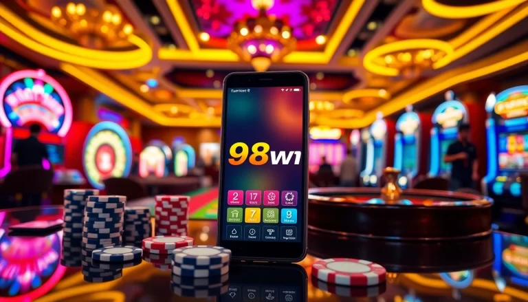 Players enjoying a vibrant casino atmosphere with app 98win showcased on a smartphone, featuring chips and roulette.