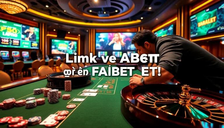 Experience thrills with Link vào FABET, featuring vibrant poker chips and an opulent casino table scene.