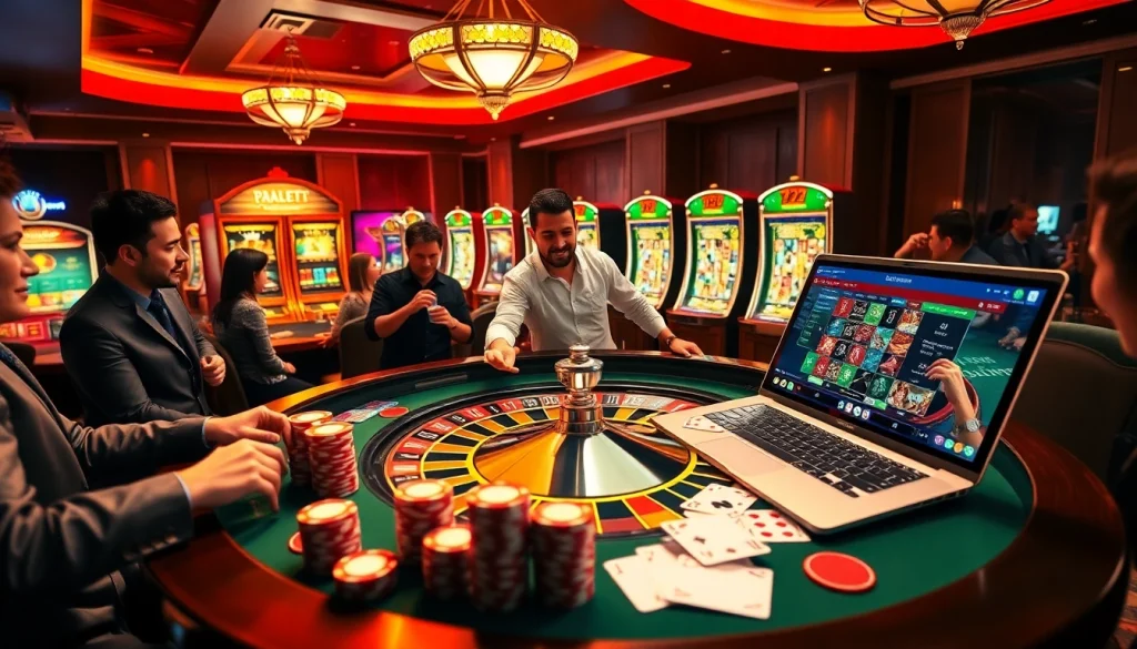 Exciting gambling scene featuring roulette, poker chips, and online interface with 789b.