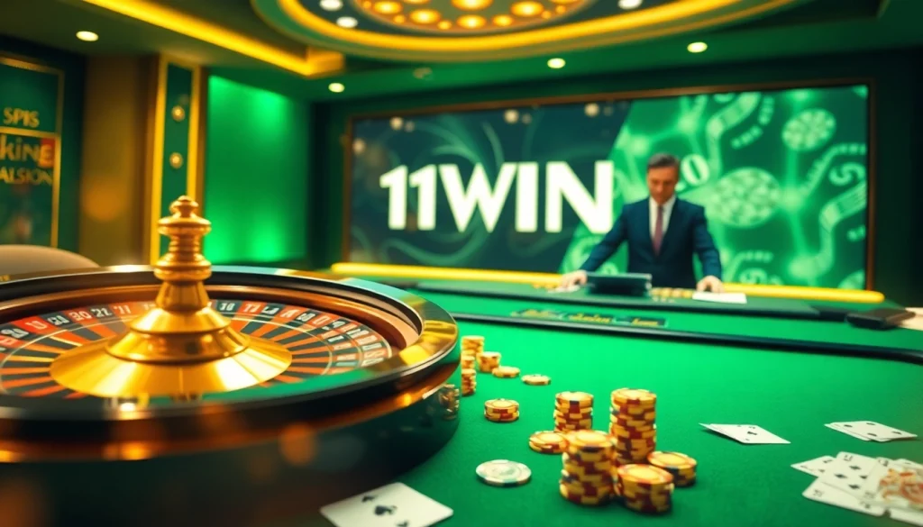 Experience luxury gambling at https://11win.best/ with a vibrant casino scene featuring poker chips, roulette, and a stylish gaming interface.