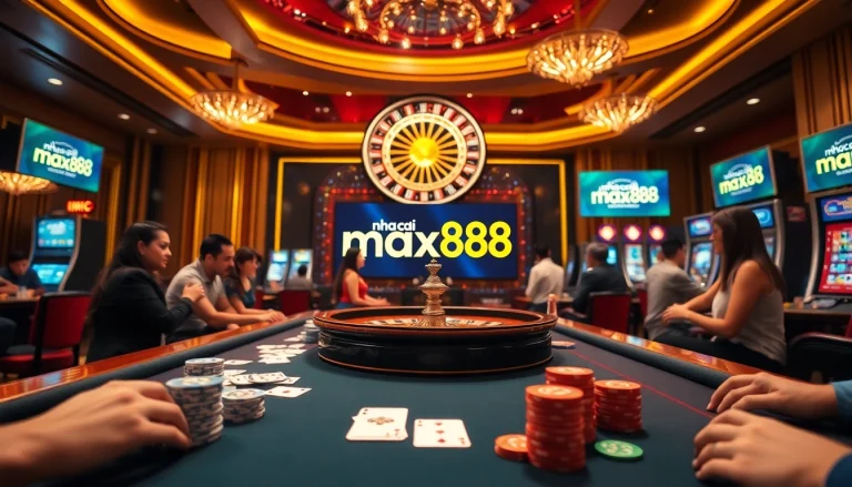Exciting casino atmosphere with players at nha cai max88 enjoying cards and roulette.