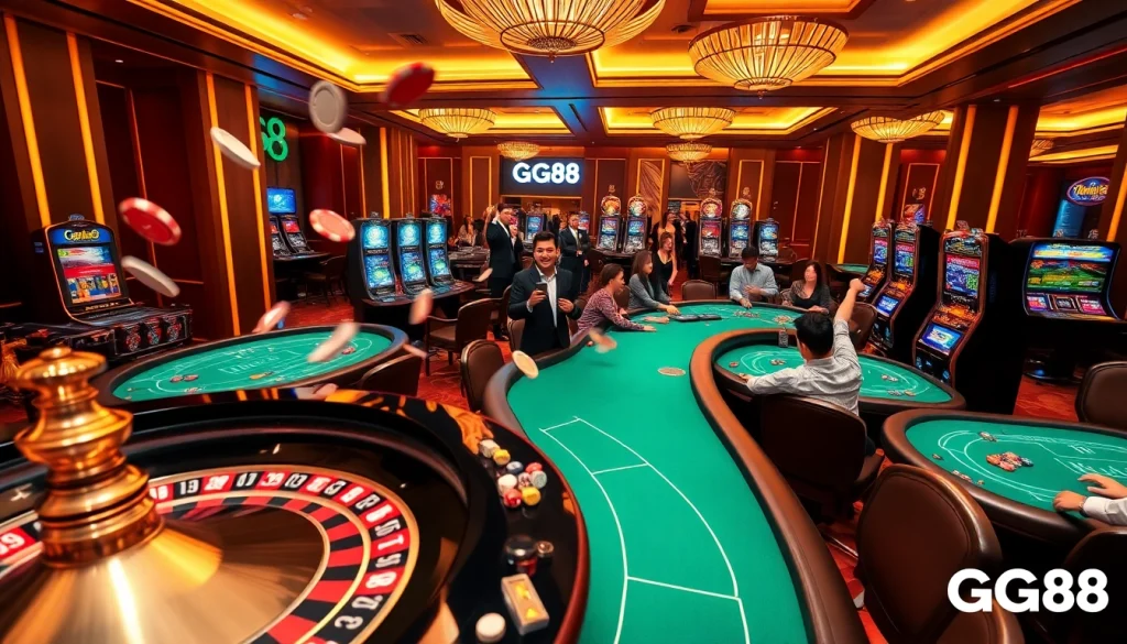 Experience the excitement of GG88 with dynamic casino gaming tables and vibrant slot machines.