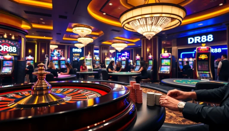 Experience the excitement of gambling at DR88 with vibrant casino visuals and professional gaming setups.