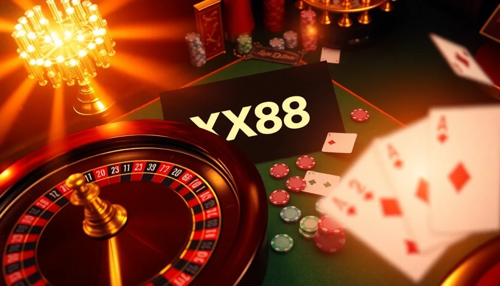 Experience the excitement of XX88 with vibrant casino visuals showcasing roulette and poker.