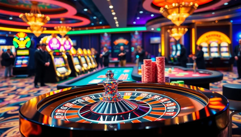 Experience the excitement of OKFUN casino with vibrant gaming tables and luxurious slot machines.