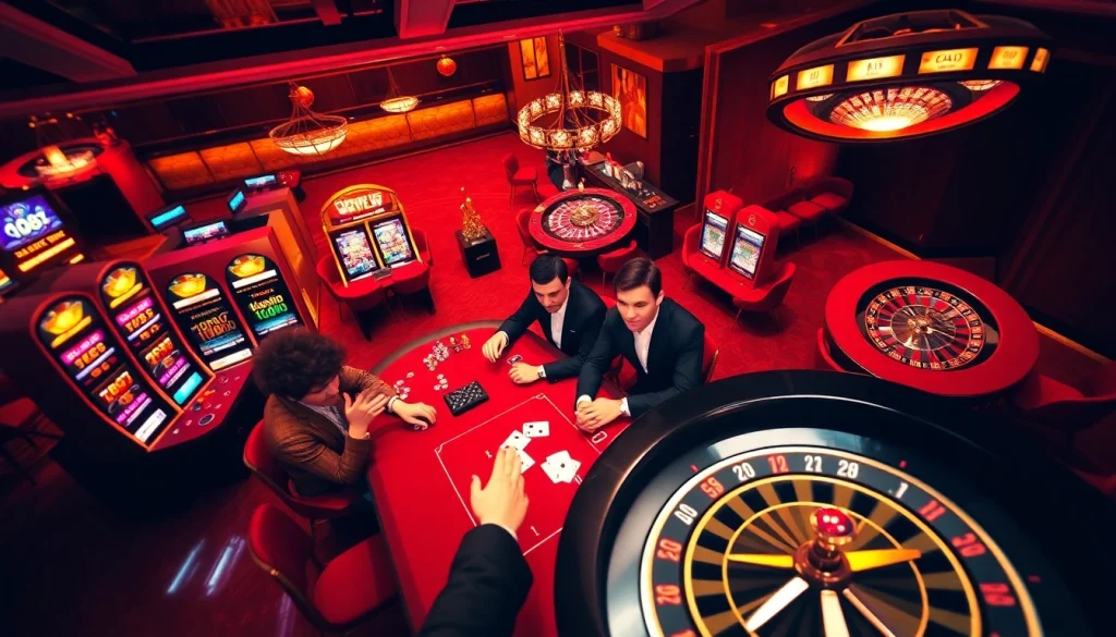 Exciting casino action with players and vibrant games at https://uu88.casa/ showcasing poker chips and roulette.