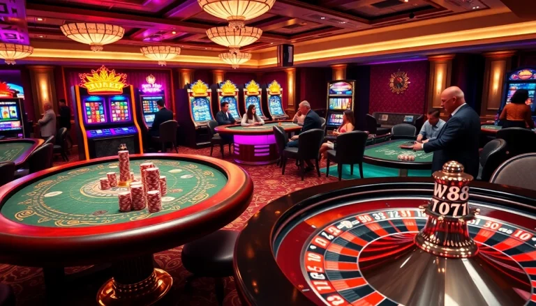 W88 players engaging in an exciting casino game, showcasing vibrant tables and thrilling atmosphere.