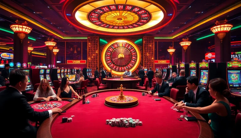 High-stakes poker at VA88 casino with vibrant slot machines and roulette.