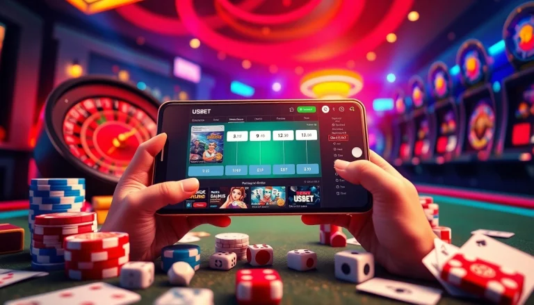 USBET online casino app displayed on a mobile device amidst vibrant gaming elements like roulette and poker.