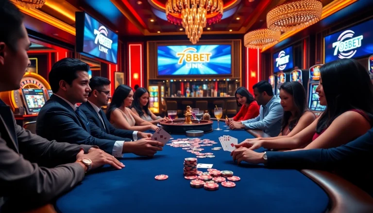 Engaging poker players at a luxurious casino showcasing the 789BET LINK material.