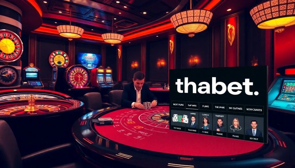 Players enjoying a thrilling poker game at https://thabet.vegas/ with vibrant casino elements.