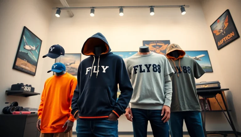 FLY88 aviation-inspired clothing collection showcasing trendy apparel in an inviting setting.