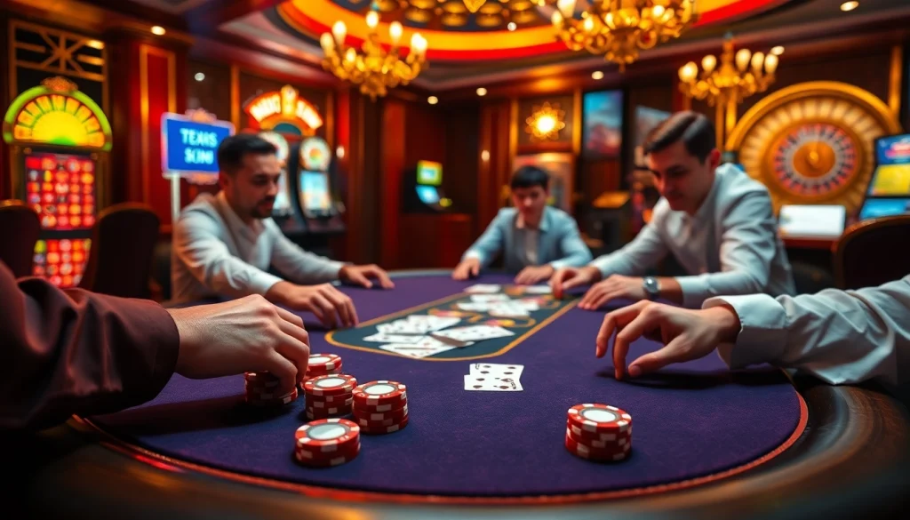 Join the exciting poker game at https://789f.town/, featuring vibrant chips and cards on a luxurious table.