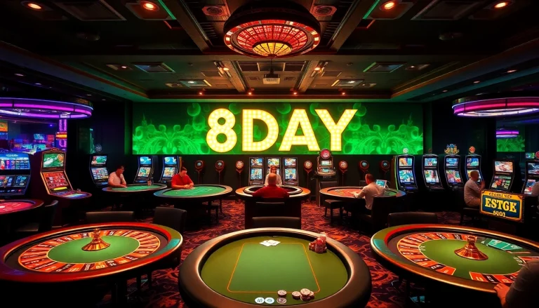 Experience the thrill of 8DAY casino gaming with vibrant tables, spinning slots, and excited players.