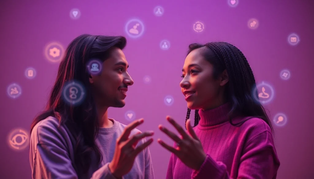 Engaging illustration of sex ai concept, featuring diverse individuals in a virtual conversation with futuristic digital elements.