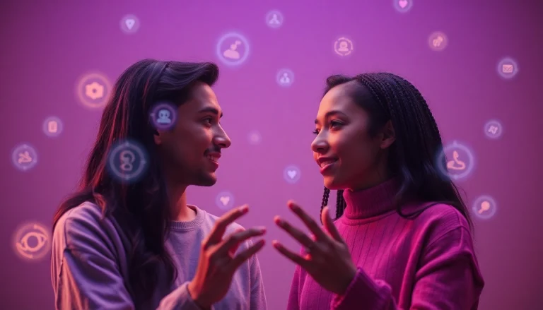 Engaging illustration of sex ai concept, featuring diverse individuals in a virtual conversation with futuristic digital elements.