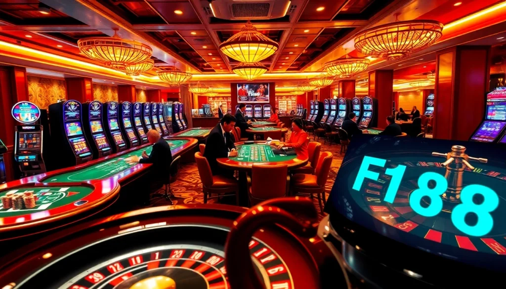 Experience the thrill of the F168 link with a vibrant casino scene, featuring poker tables and slot machines.