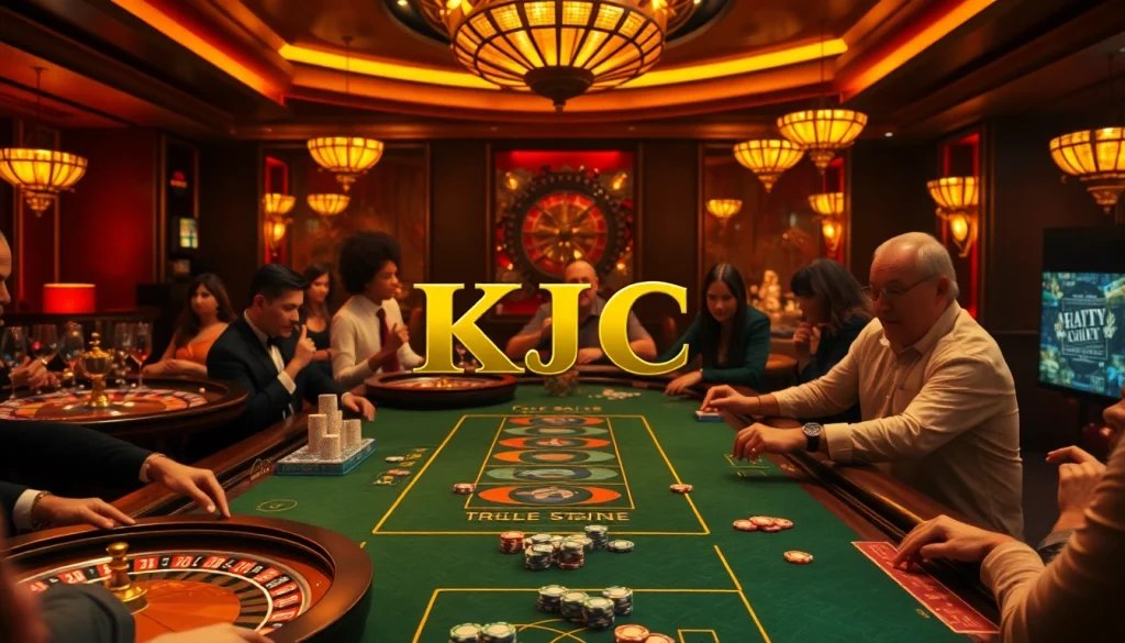 KJC logo featured in an upscale casino scene, showcasing players engaging in gambling activities.