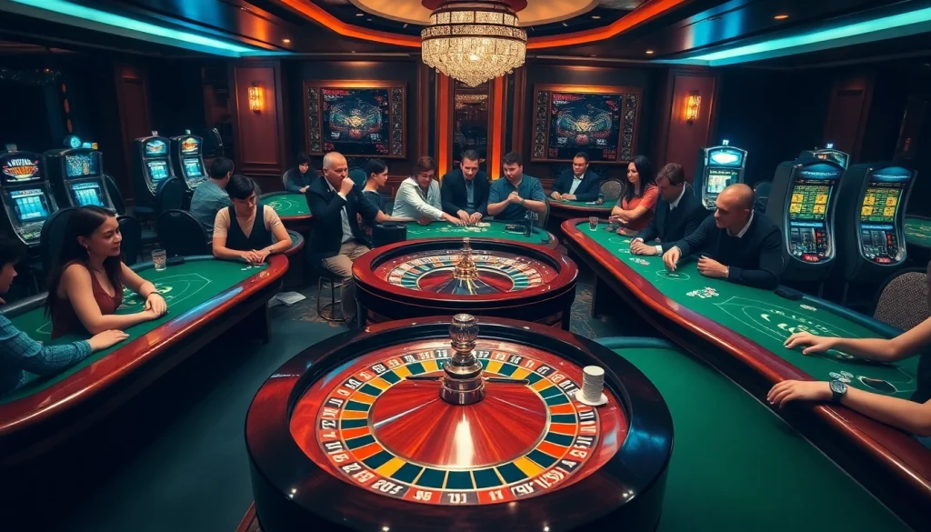 Engaging players in a luxurious 777VIP casino scene with roulette and poker games.