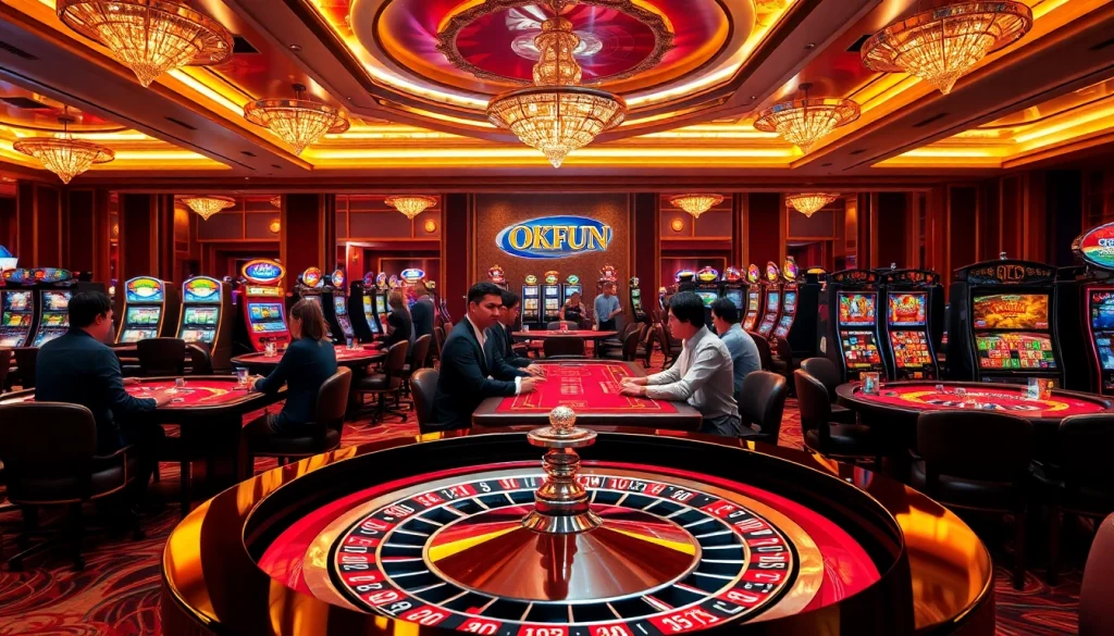 Experience the thrill of OKFUN casino with vibrant slot machines and a lively roulette table.