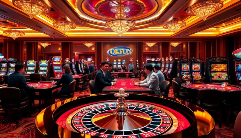 Experience the thrill of OKFUN casino with vibrant slot machines and a lively roulette table.
