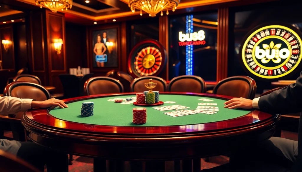 Players enjoying intense poker action at https://bu88.mex.com/ casino, featuring chips and cards.