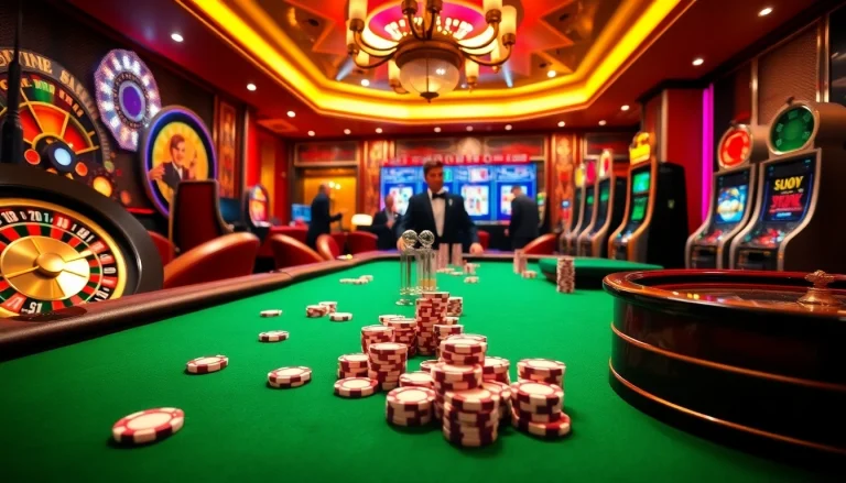 Experience the thrill of online gambling with link go8 at a luxurious casino table featuring slot machines and poker chips.