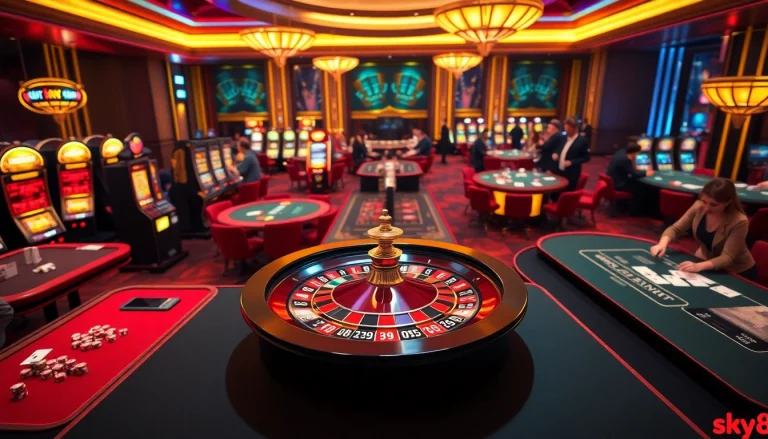 Experience thrilling gameplay at Sky88 là gì, featuring exhilarating casino tables, roulette wheels, and engaging players.