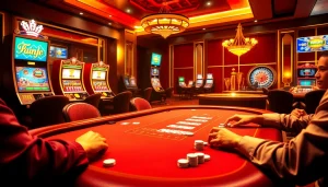 Engaging players at F8Bet poker table, surrounded by vibrant casino atmosphere.