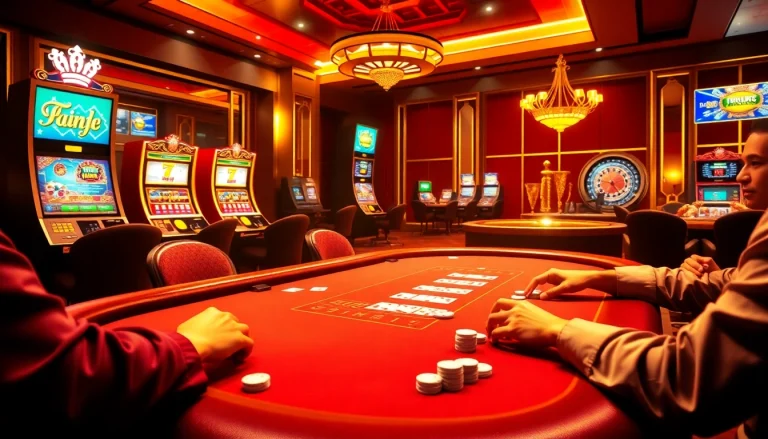 Engaging players at F8Bet poker table, surrounded by vibrant casino atmosphere.