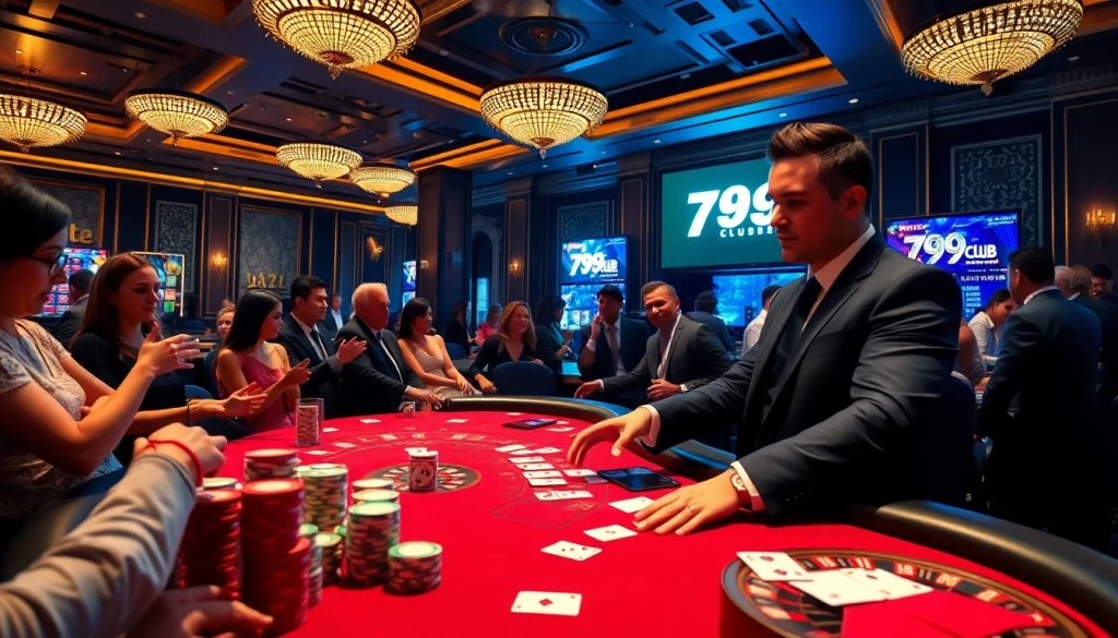 Excited players at the 789club poker table, showcasing high-stakes action in a luxurious casino setting.