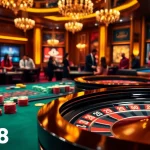 Experience the excitement of xx88 with players engaged at a roulette table in a luxurious casino.