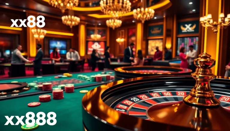 Experience the excitement of xx88 with players engaged at a roulette table in a luxurious casino.
