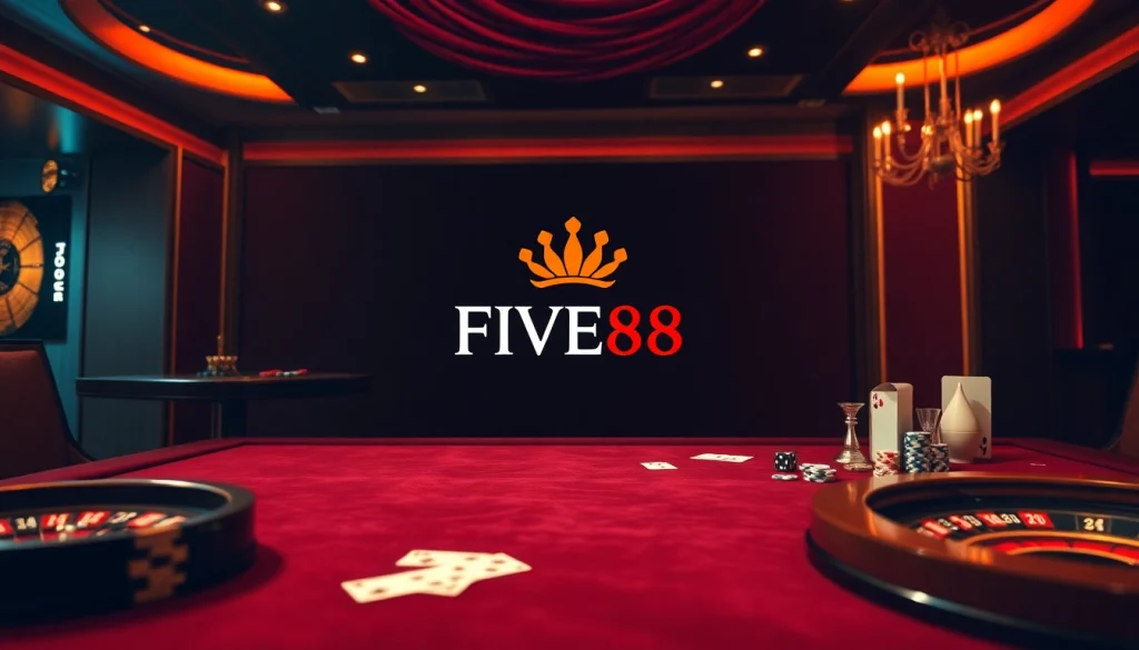 Experience the thrill of gambling at FIVE88 with luxury casino elements like cards and chips.