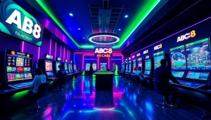 Exciting ABC8 online gambling interface in a modern gaming lounge.