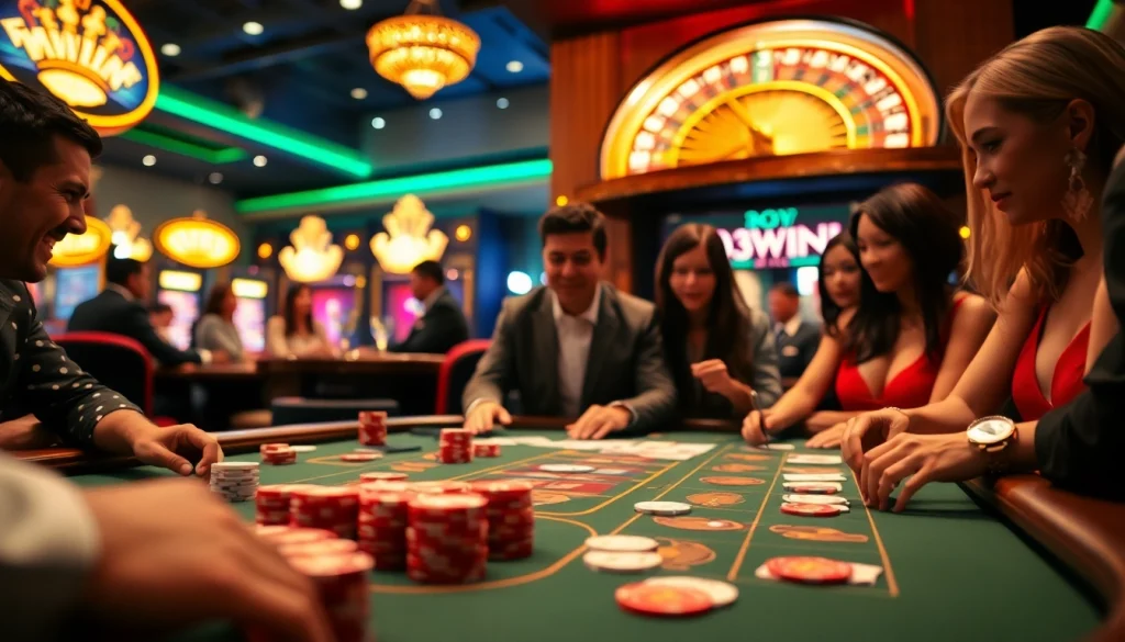 Players enjoying high-stakes poker at a luxury casino table, embodying the thrill of 33WIN.