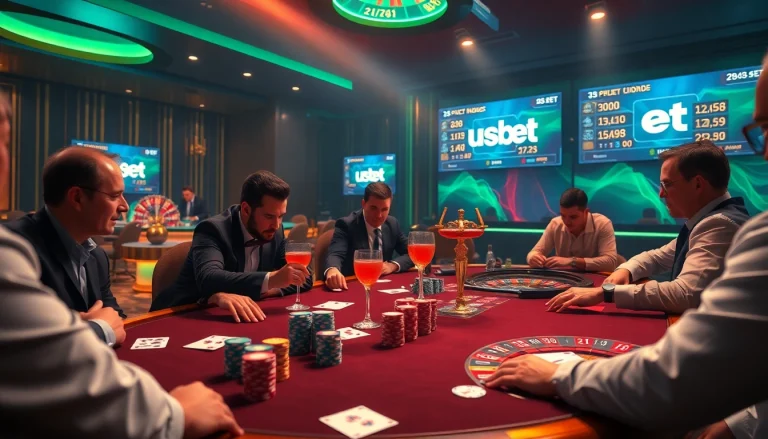 Experience the thrill of usbet at a vibrant poker table with expert players and colorful chips.