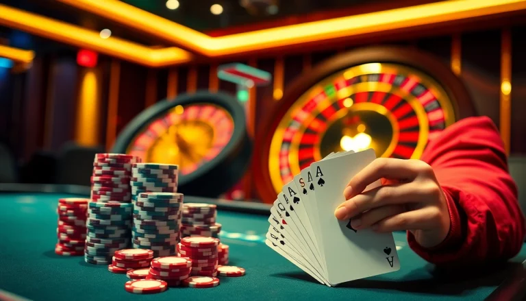 Zbet có uy tín không - Players enjoying high-stakes poker surrounded by chips and a roulette wheel.