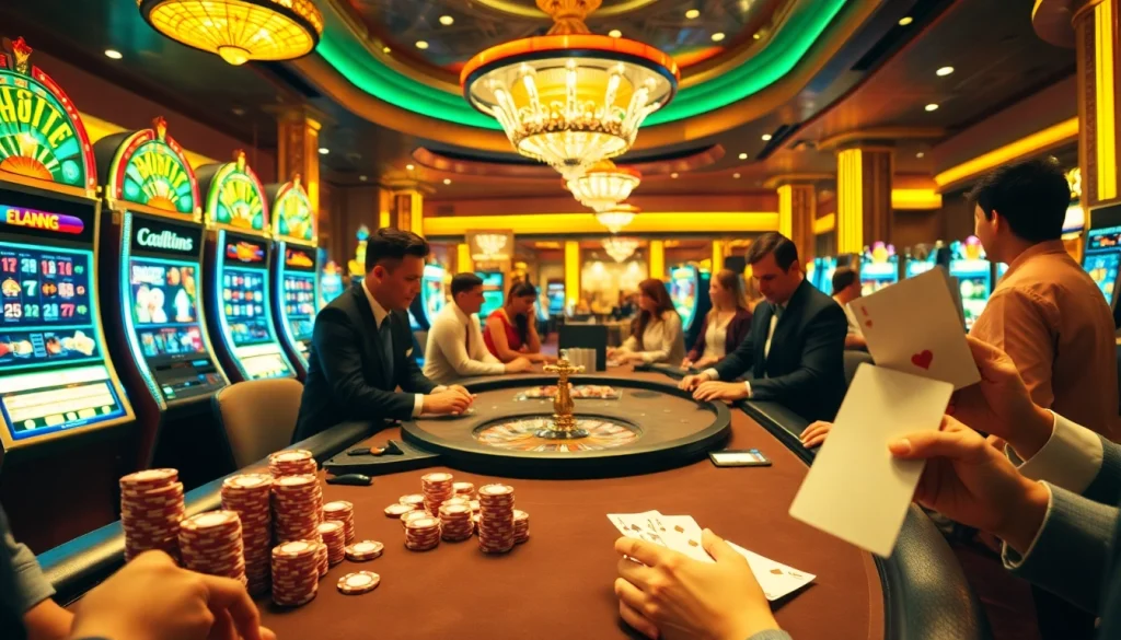 Exciting scene at F 168 casino with players engaging at poker and roulette tables.