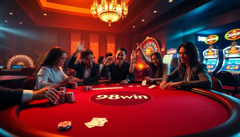 Experience the thrill of gaming at 98win com with vibrant casino tables and excited players.