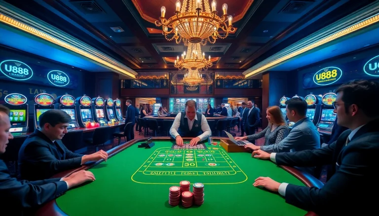 Experience the excitement of U888 as players enjoy thrilling games in a luxurious casino setting.