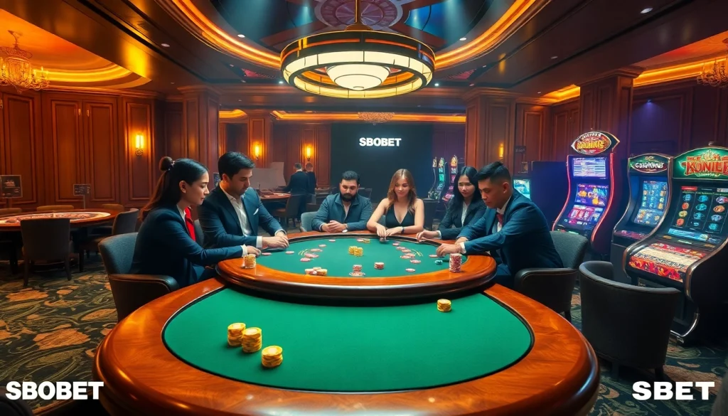 SBOBET players enjoy a thrilling poker game in a luxurious casino setting with vibrant chips and lights.