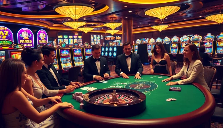 Engaging gamblers at a luxurious table showcasing ta88 poker chips and vibrant casino games.