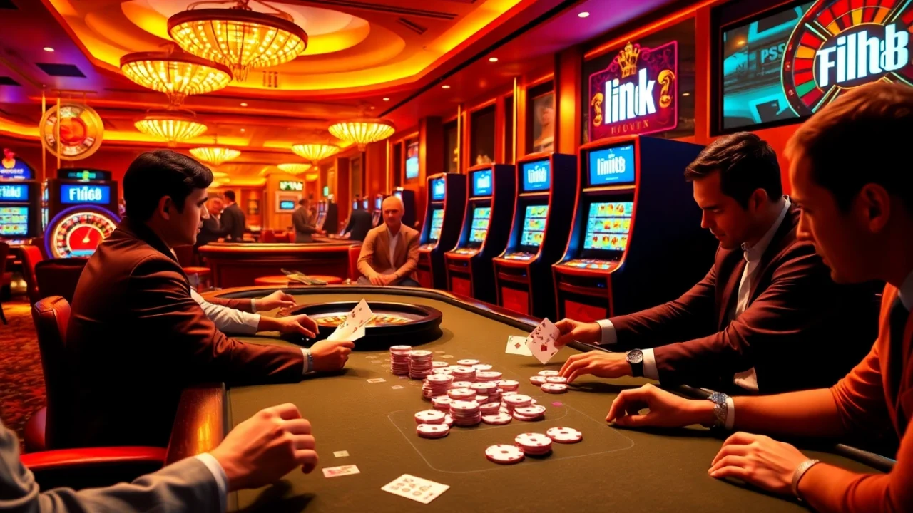 Experience high-stakes gaming at the luxurious F168 casino, featuring vibrant tables and slot machines.