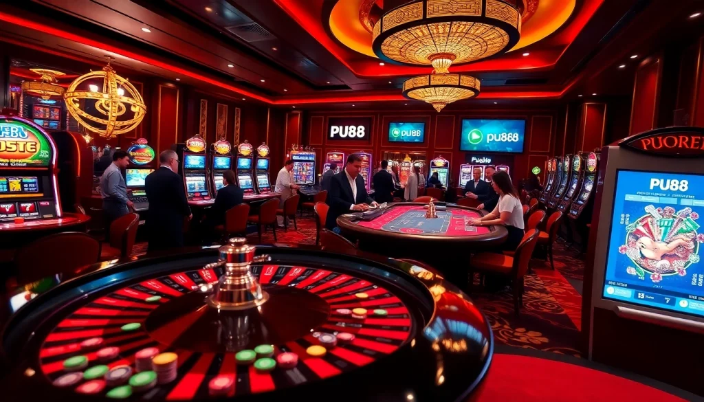 Experience PU88 as players engage at lively casino tables and slot machines in a luxurious setting.