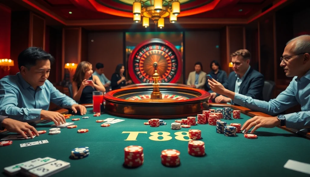 Enjoy a thrilling casino game at TT88 with vibrant poker chips and a roulette wheel.