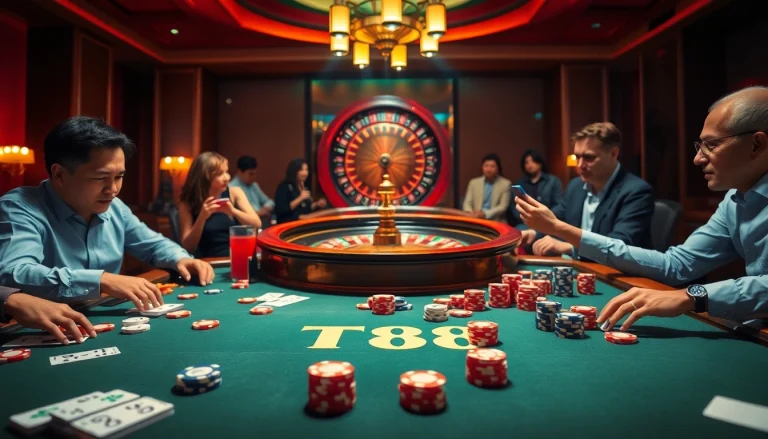 Enjoy a thrilling casino game at TT88 with vibrant poker chips and a roulette wheel.