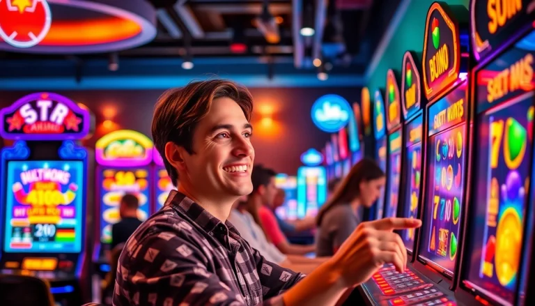 Kode4d link showcasing an immersive online gaming experience with vibrant slot machines and joyful players.